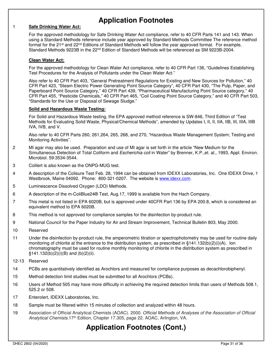 DHEC Form 2802 Application for Environmental Laboratory Certification - South Carolina, Page 31