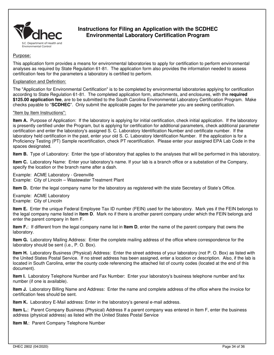 DHEC Form 2802 Application for Environmental Laboratory Certification - South Carolina, Page 34