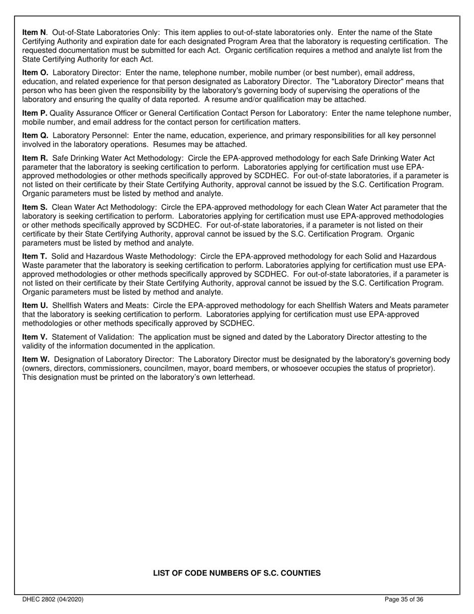 DHEC Form 2802 Application for Environmental Laboratory Certification - South Carolina, Page 35