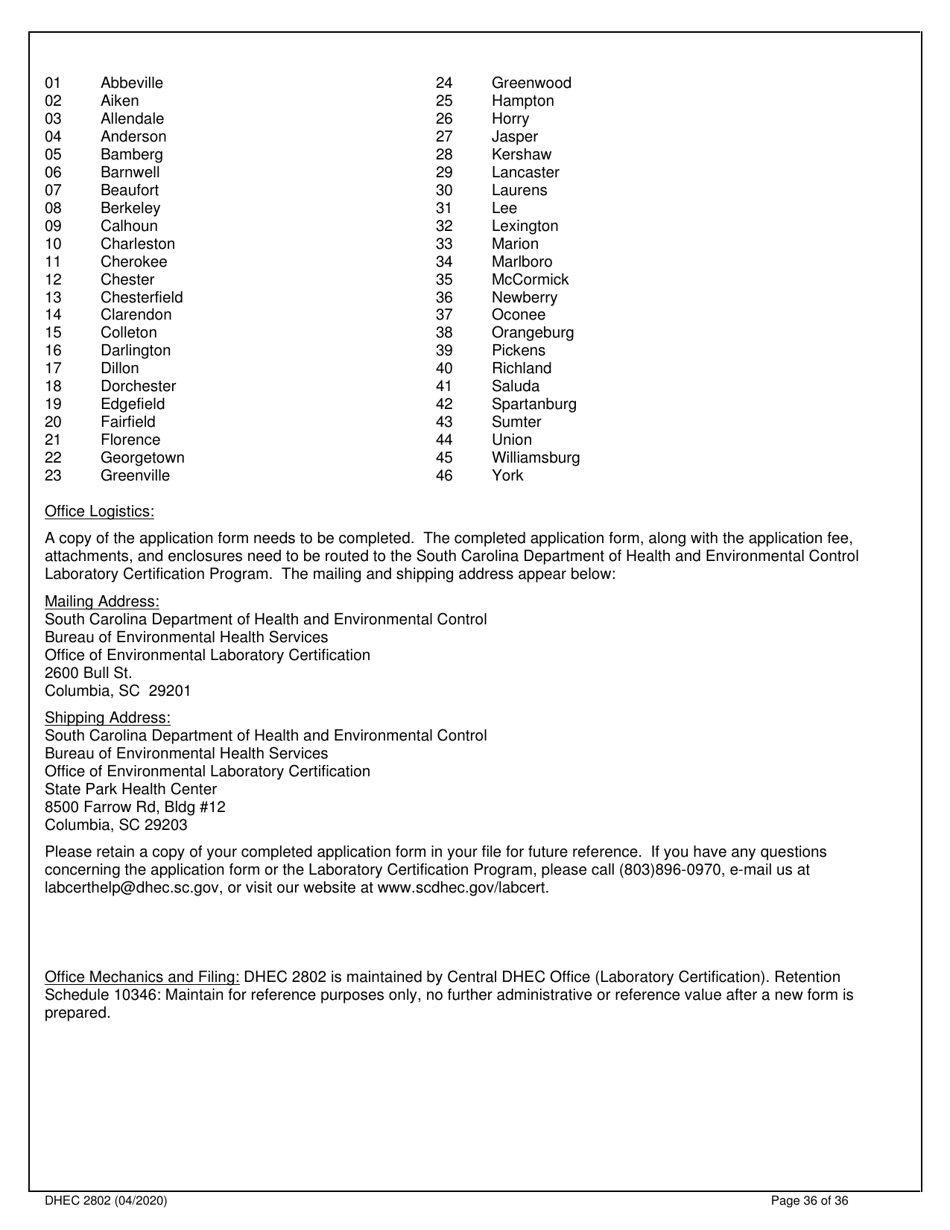 DHEC Form 2802 Application for Environmental Laboratory Certification - South Carolina, Page 36