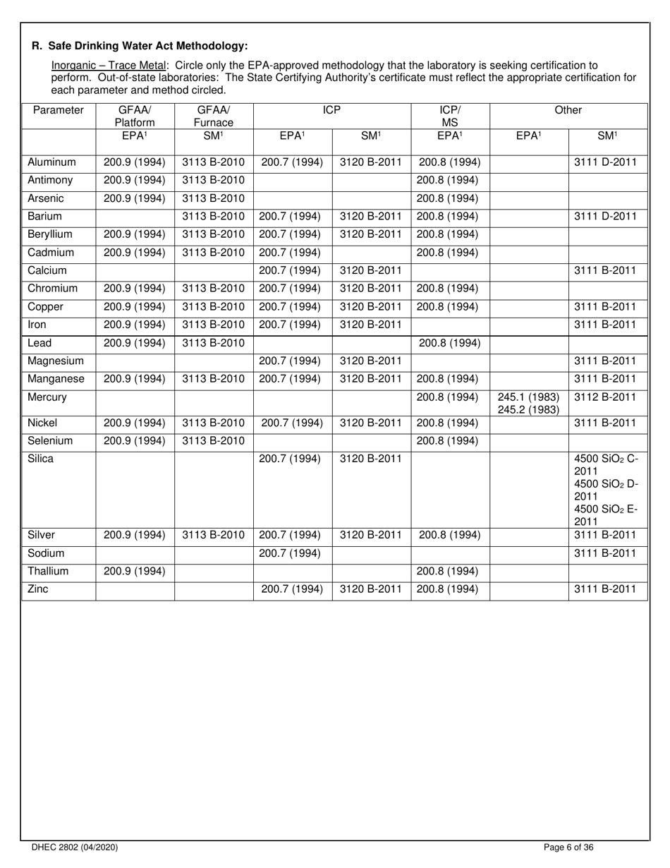DHEC Form 2802 Application for Environmental Laboratory Certification - South Carolina, Page 6