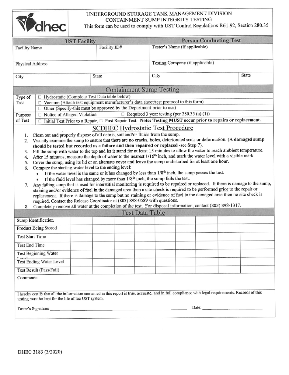 DHEC Form 3183 Containment Sump Integrity Testing - South Carolina, Page 1
