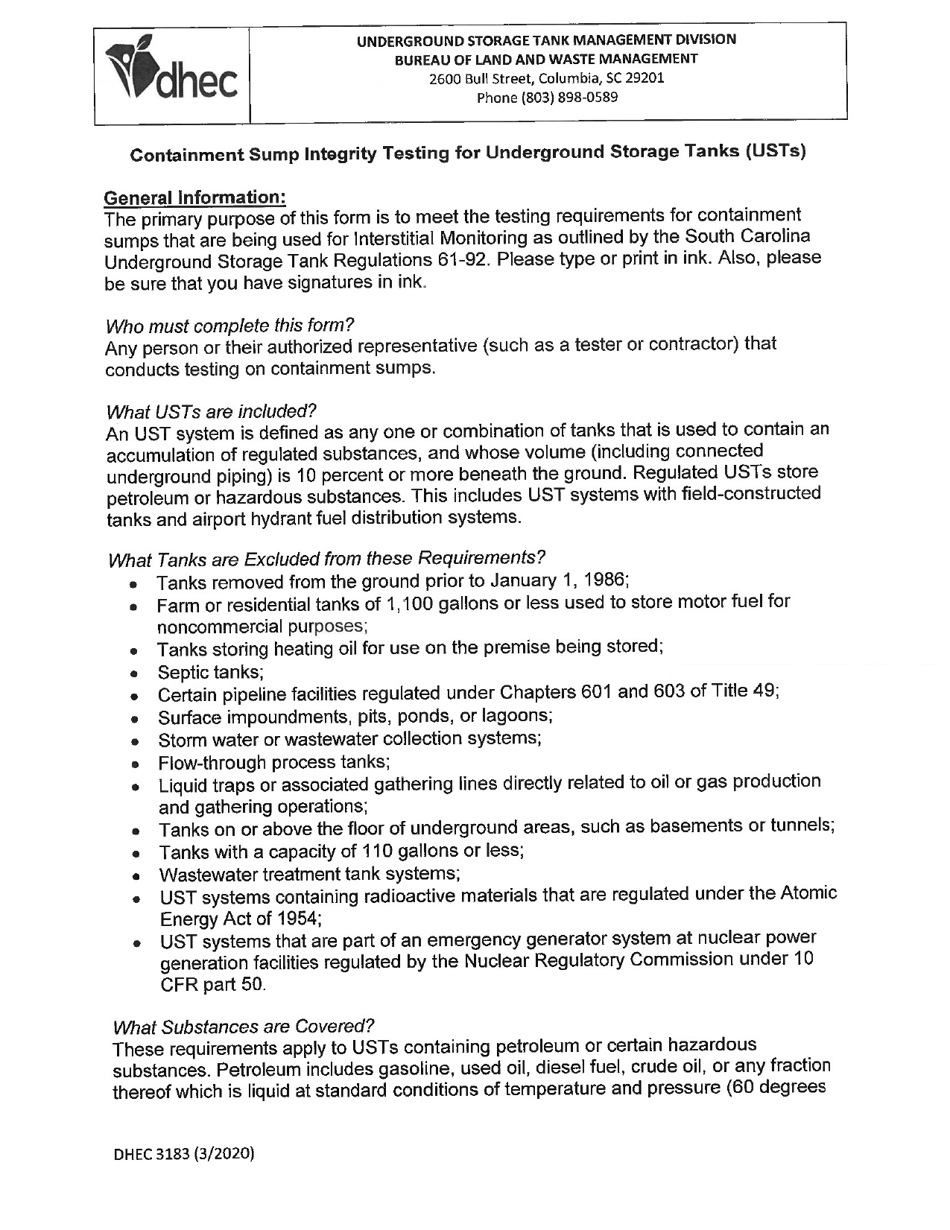 DHEC Form 3183 Containment Sump Integrity Testing - South Carolina, Page 2