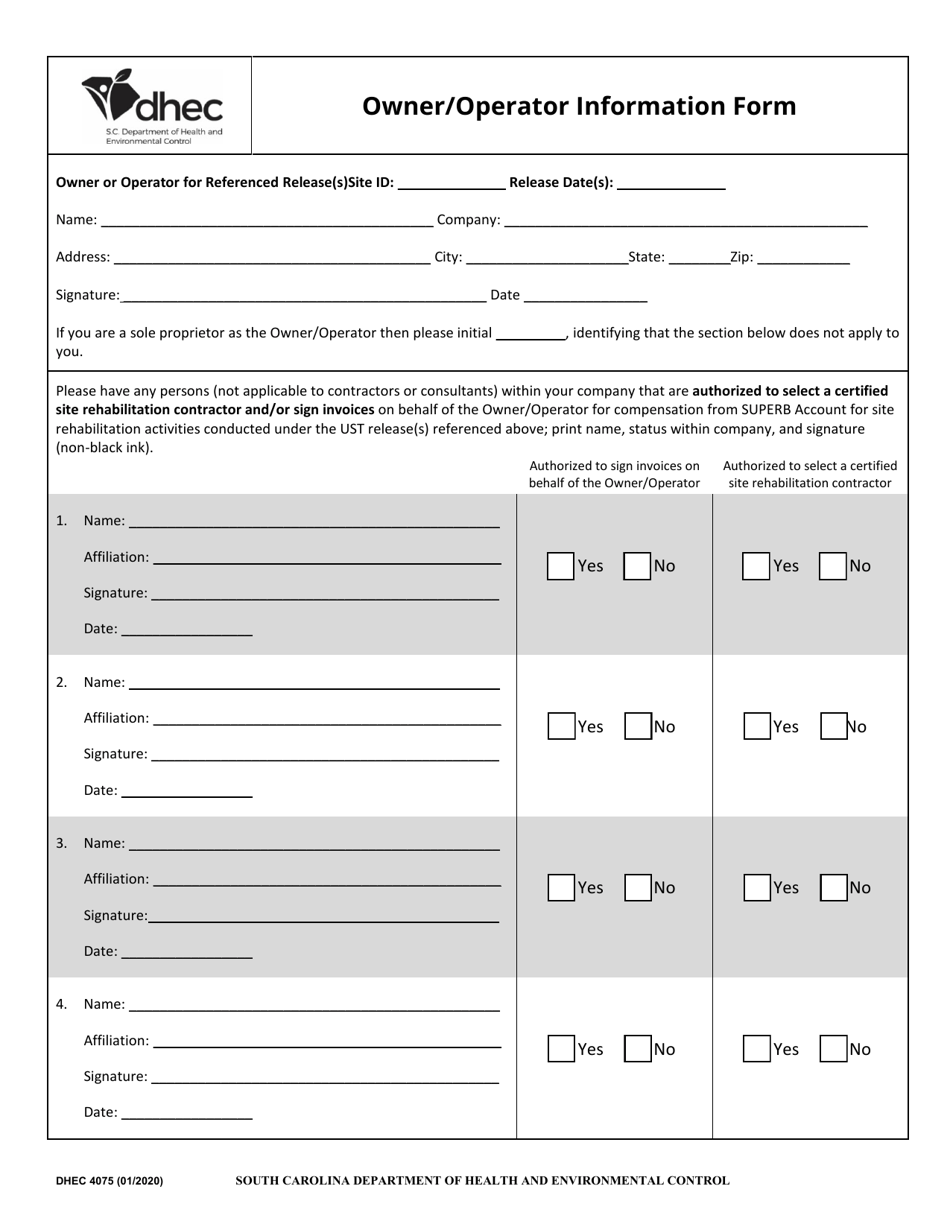 DHEC Form 4075 Owner / Operator Information Form - South Carolina, Page 1