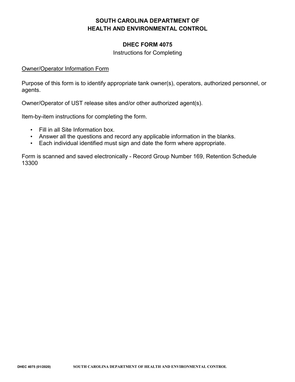 DHEC Form 4075 Owner / Operator Information Form - South Carolina, Page 2