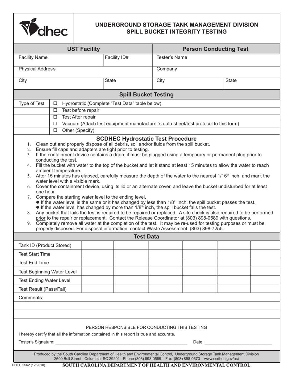 DHEC Form 2562 Spill Bucket Integrity Testing - South Carolina, Page 1