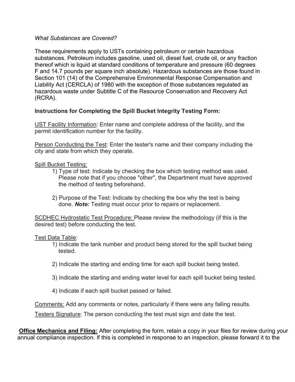 DHEC Form 2562 Spill Bucket Integrity Testing - South Carolina, Page 3