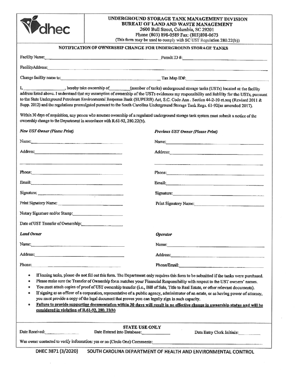 DHEC Form 3871 Notification of Ownership Change for Underground Storage Tanks - South Carolina, Page 1