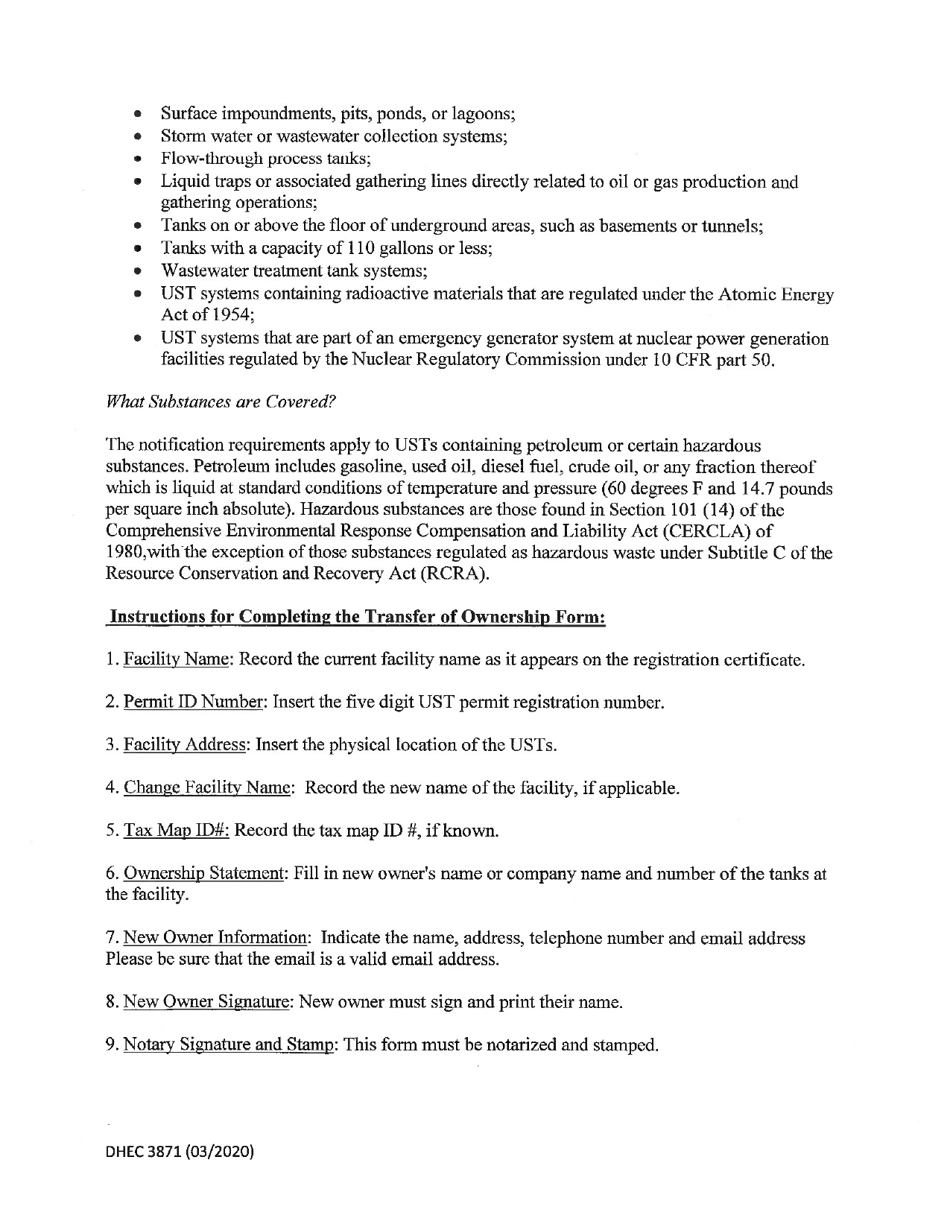 DHEC Form 3871 Notification of Ownership Change for Underground Storage Tanks - South Carolina, Page 3