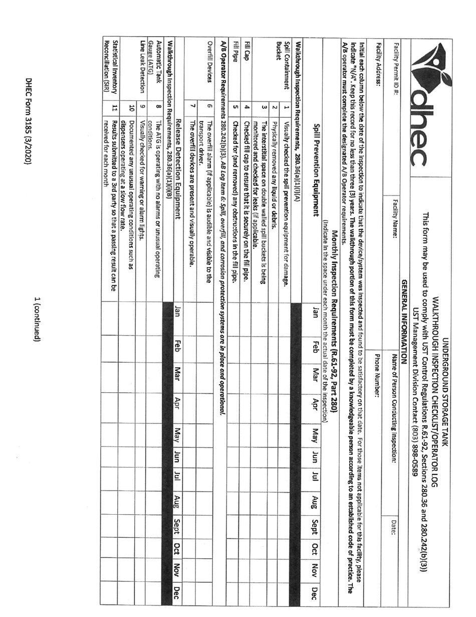 DHEC Form 3185 Walkthrough Inspection Checklist / Operator Log - South Carolina, Page 1