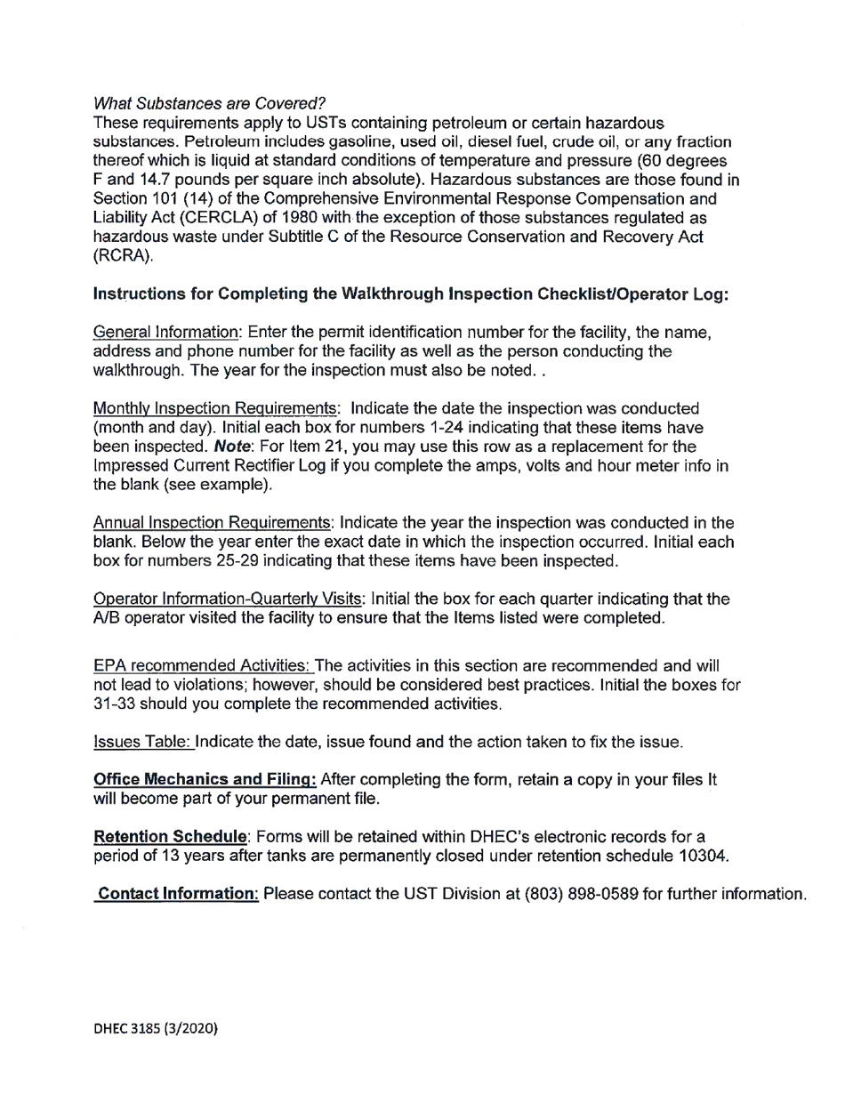 DHEC Form 3185 Walkthrough Inspection Checklist / Operator Log - South Carolina, Page 6
