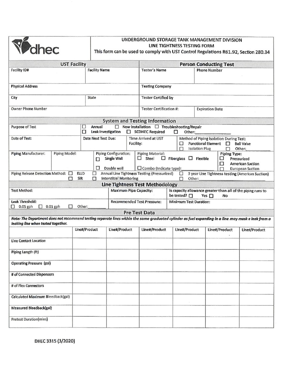 DHEC Form 3315 Line Tightness Testing - South Carolina, Page 1