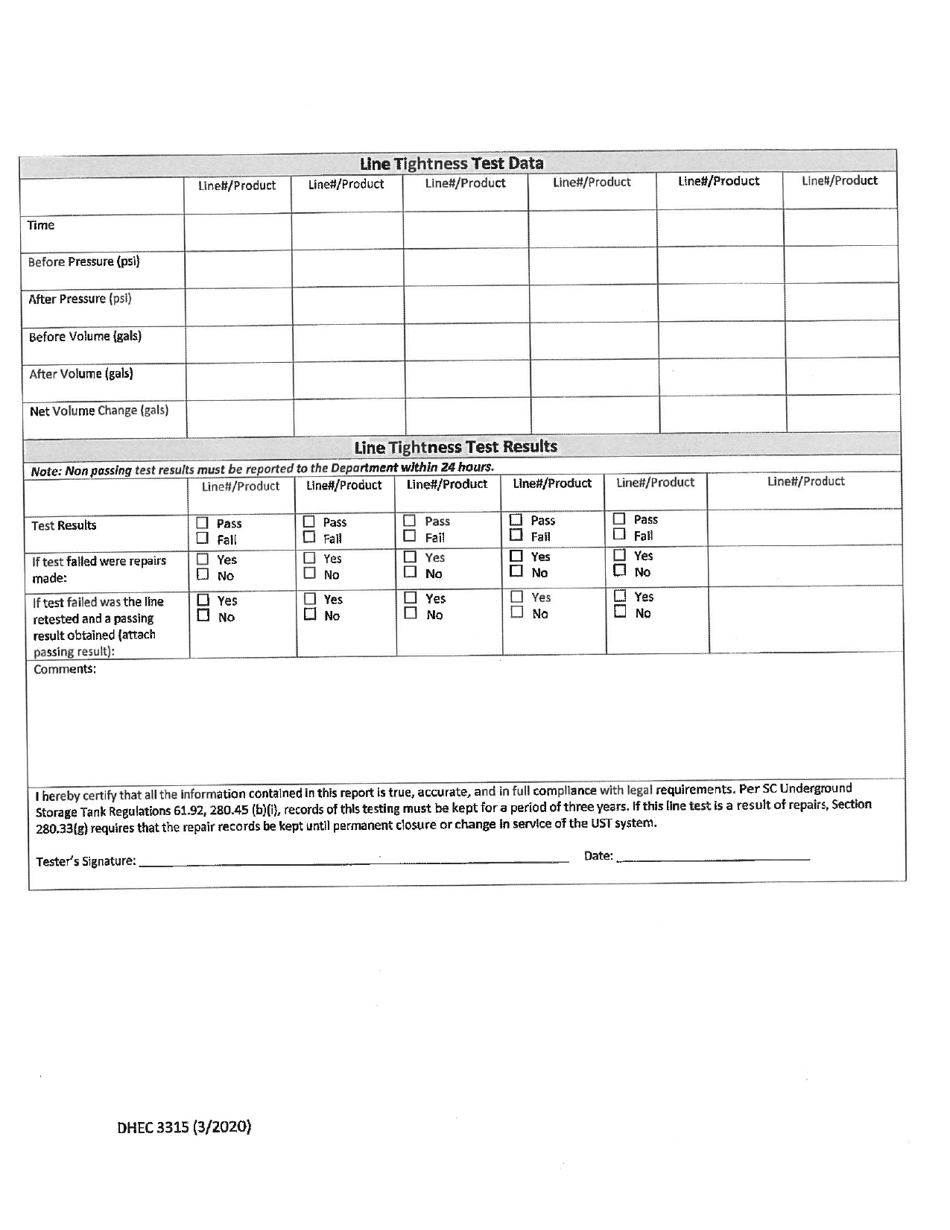 DHEC Form 3315 Line Tightness Testing - South Carolina, Page 2
