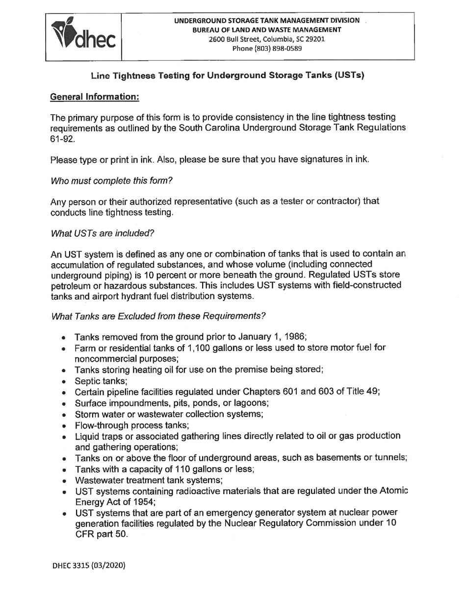 DHEC Form 3315 Line Tightness Testing - South Carolina, Page 3