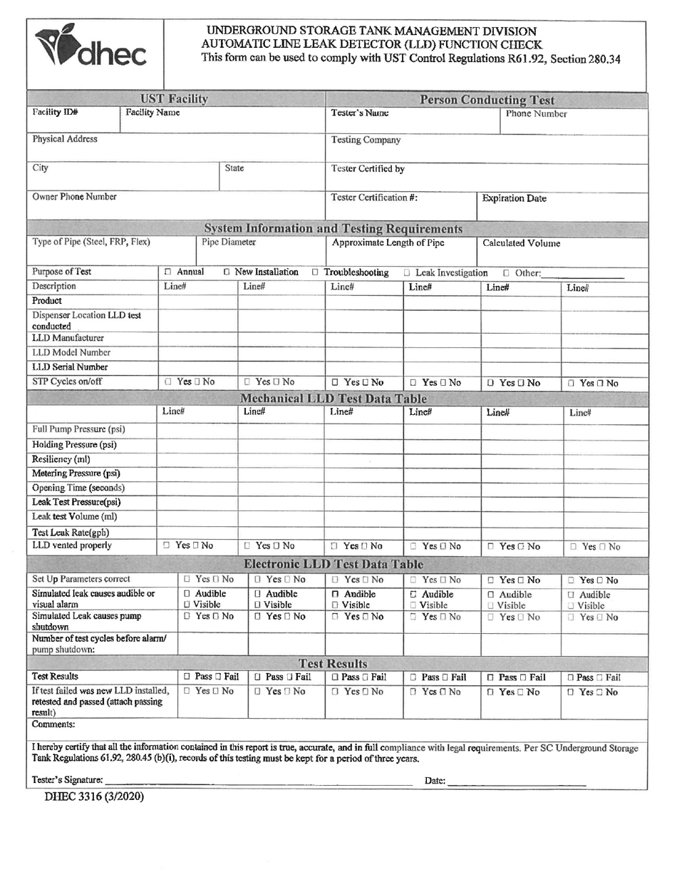 DHEC Form 3316 Automatic Line Leak Detector Function Check - South Carolina, Page 1