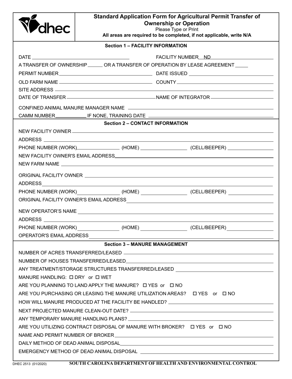 DHEC Form 2513 Standard Application Form for Agricultural Permit Transfer of Ownership or Operation - South Carolina, Page 1