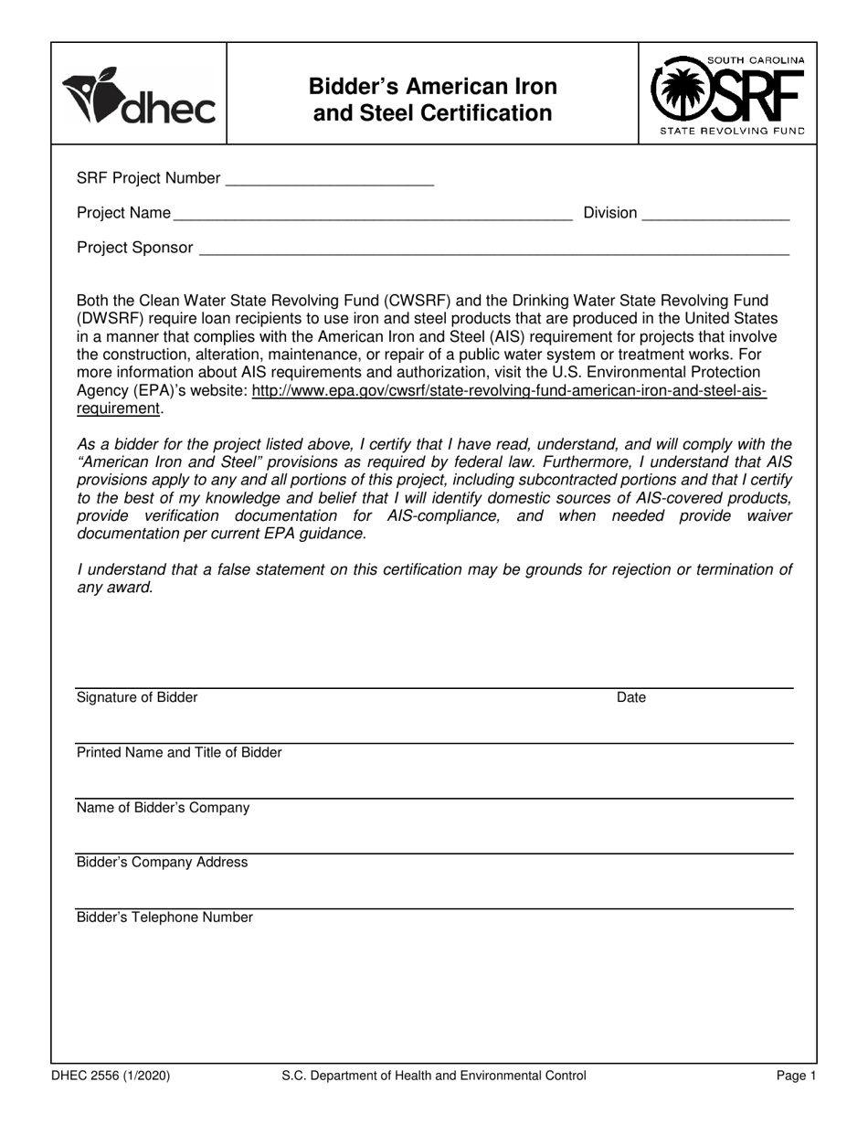 DHEC Form 2556 Bidders American Iron and Steel Certification - South Carolina, Page 1