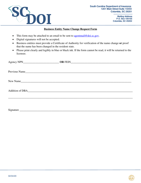 Business Entity Name Change Request Form - South Carolina Download Pdf