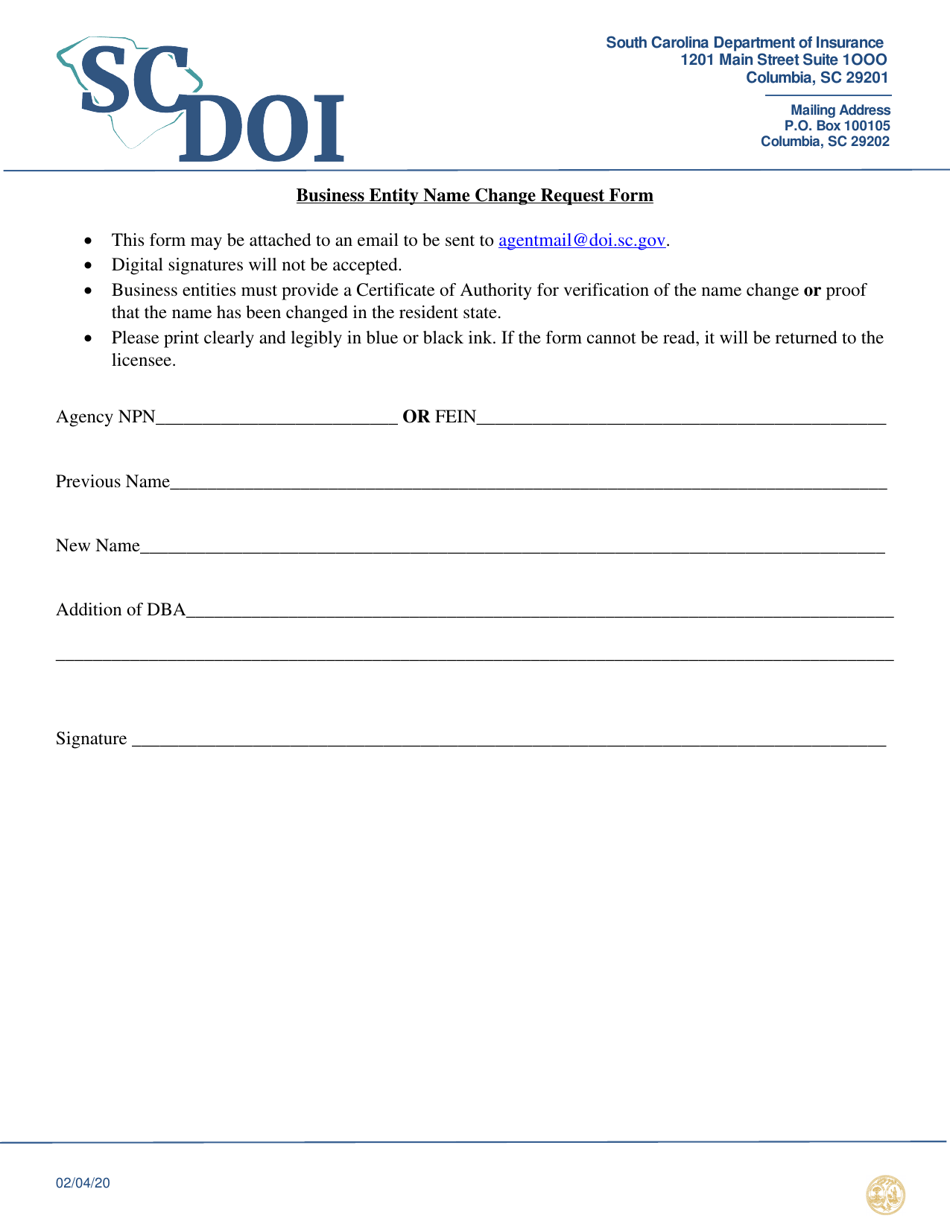 South carolina business entity name change request form download