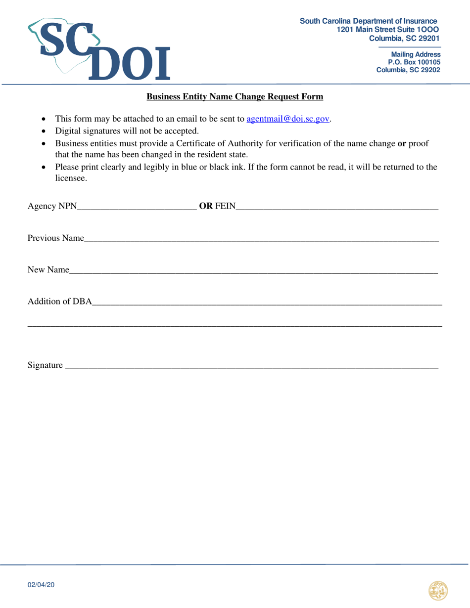 Business Entity Name Change Request Form - South Carolina, Page 1