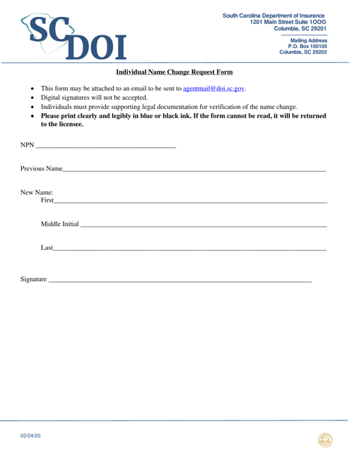 Individual Name Change Request Form - South Carolina Download Pdf