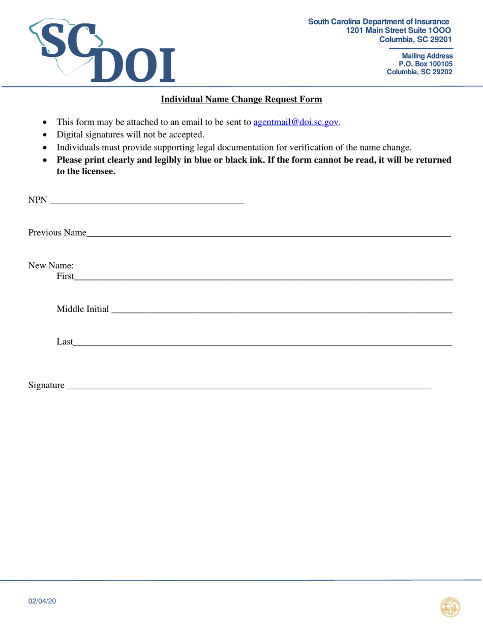 Individual Name Change Request Form - South Carolina, Page 1