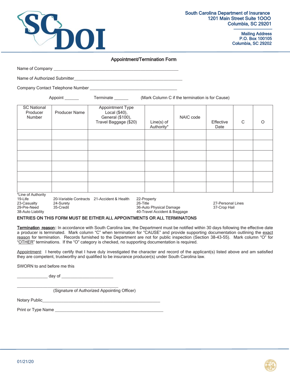 Appointment / Termination Form - South Carolina, Page 1