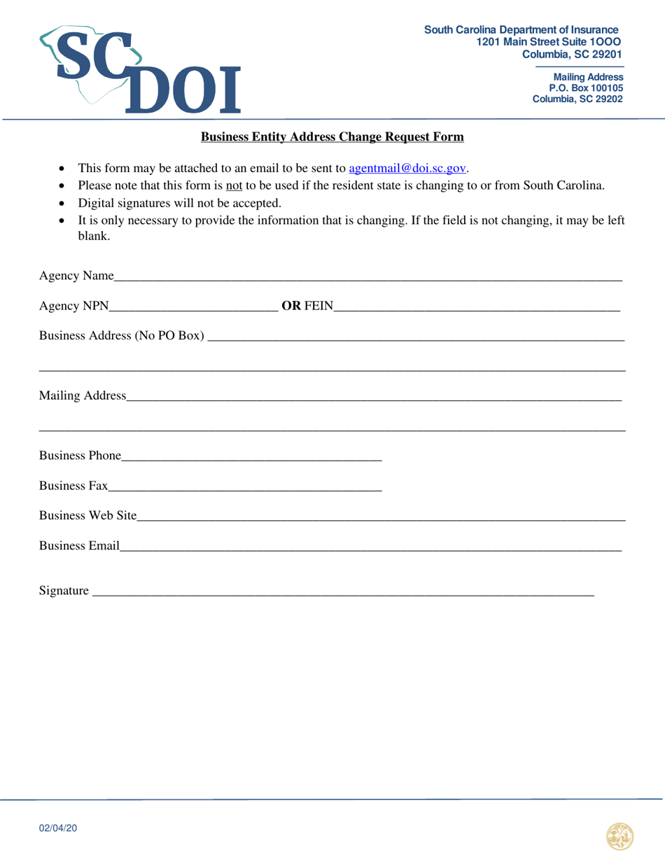 South Carolina Business Entity Address Change Request Form Download ...