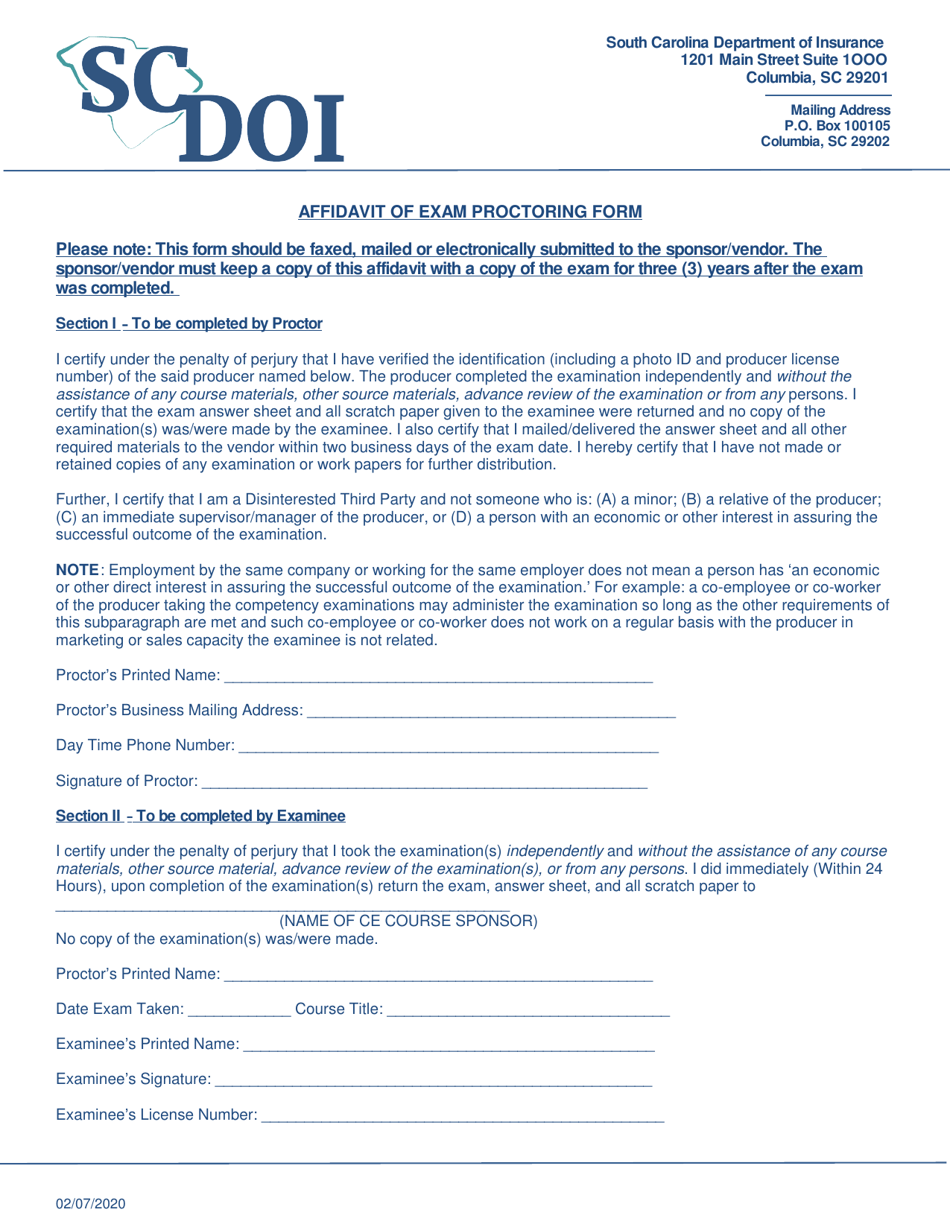 South Carolina Affidavit of Exam Proctoring Form Download