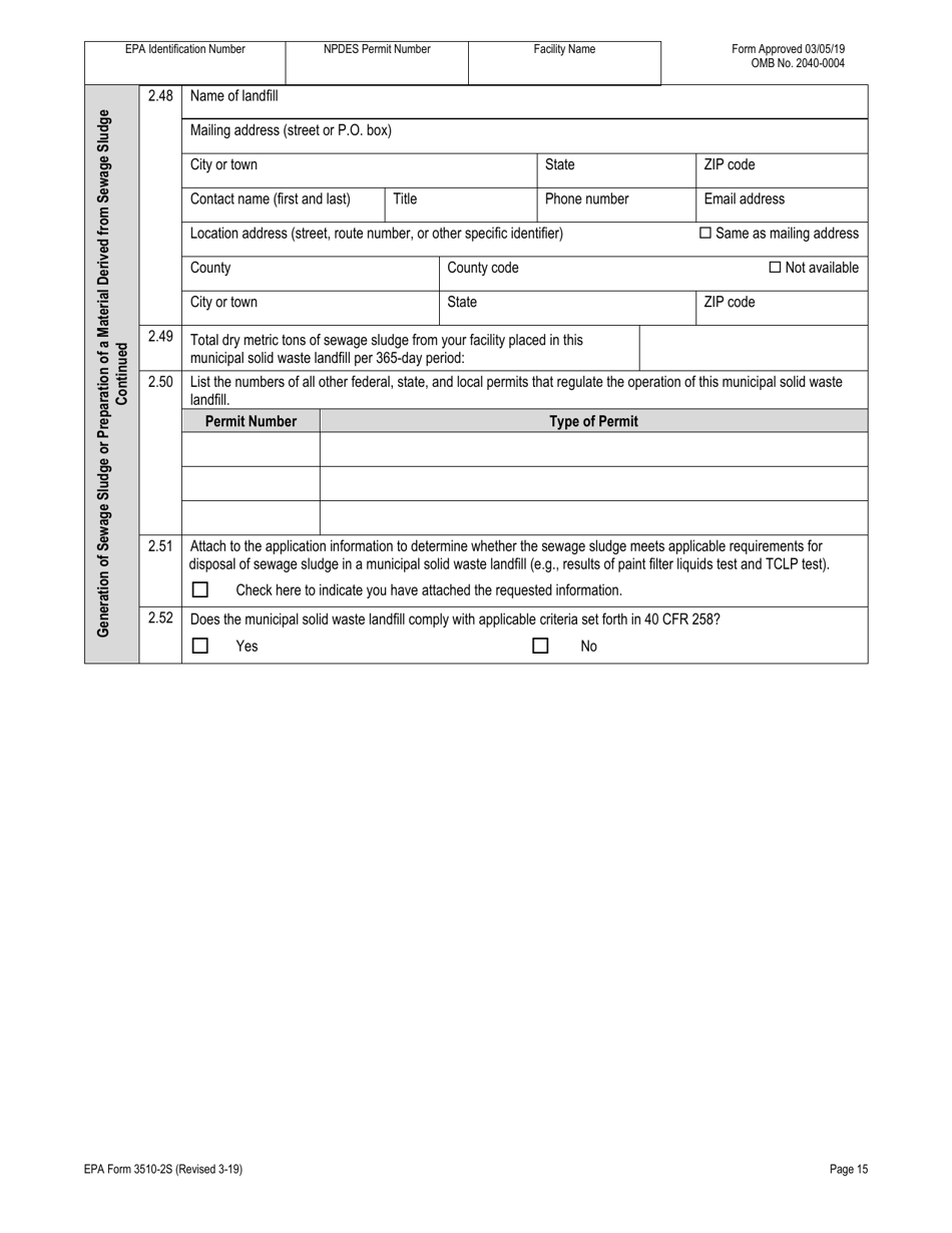 NPDES Form 2S (EPA Form 3510-2S) Application for Npdes Permit for Sewage Sludge Management New and Existing Treatment Works Treating Domestic Sewage, Page 41