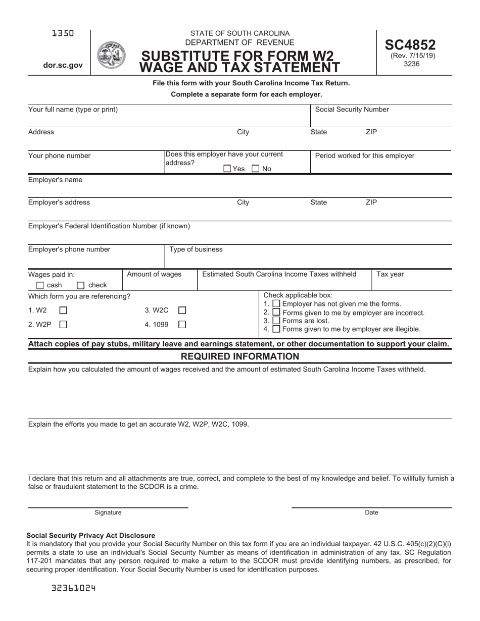 Form SC4852 Substitute for Form W2 Wage and Tax Statement - South Carolina, Page 1