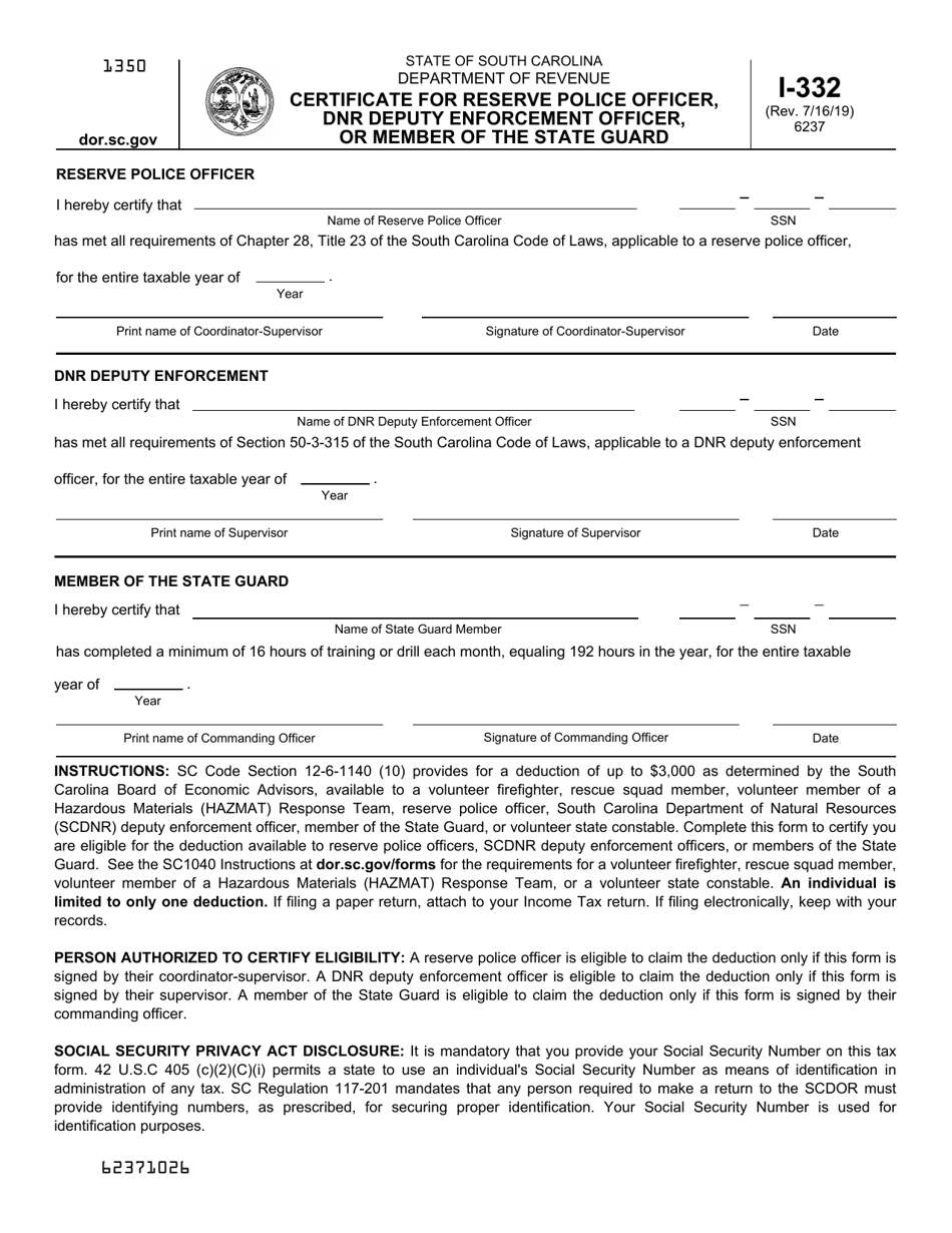 Form I-332 Certificate for Reserve Police Officer, DNR Deputy Enforcement Officer, or Member of the State Guard - South Carolina, Page 1