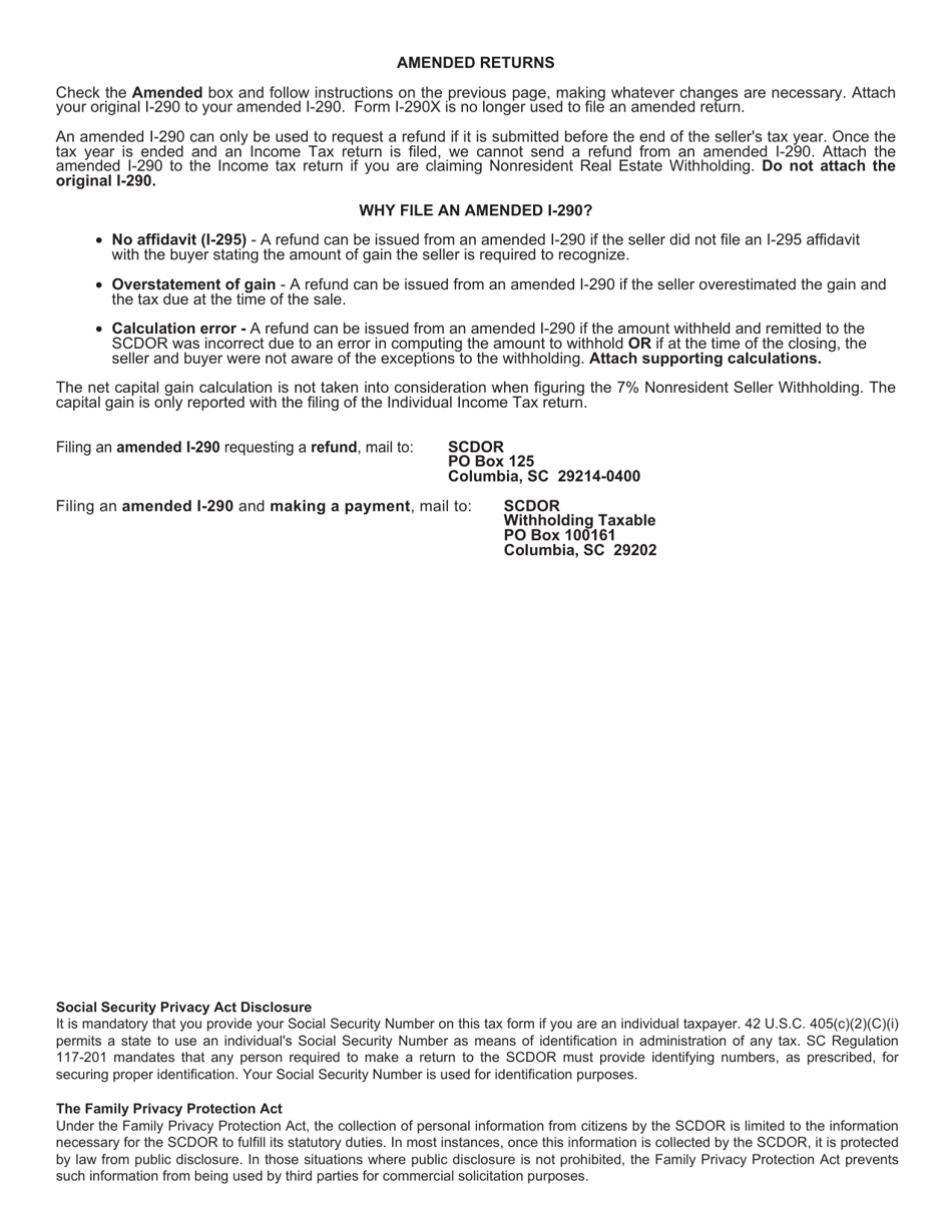 Form I-290 Nonresident Real Estate Withholding - South Carolina, Page 3