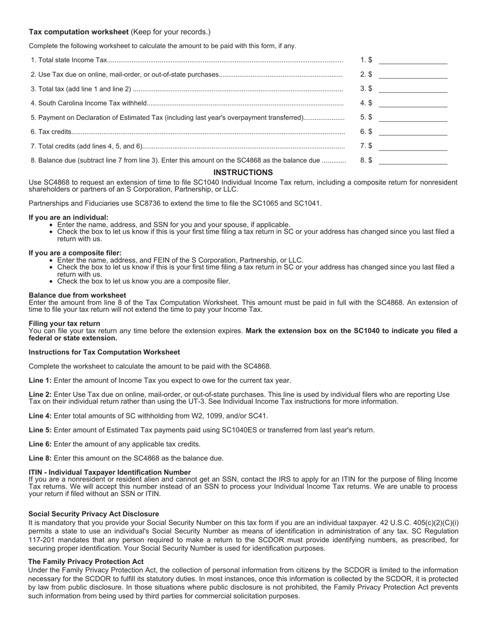Form SC4868 Request for Extension of Time to File South Carolina Individual Income Tax Return - South Carolina, Page 2
