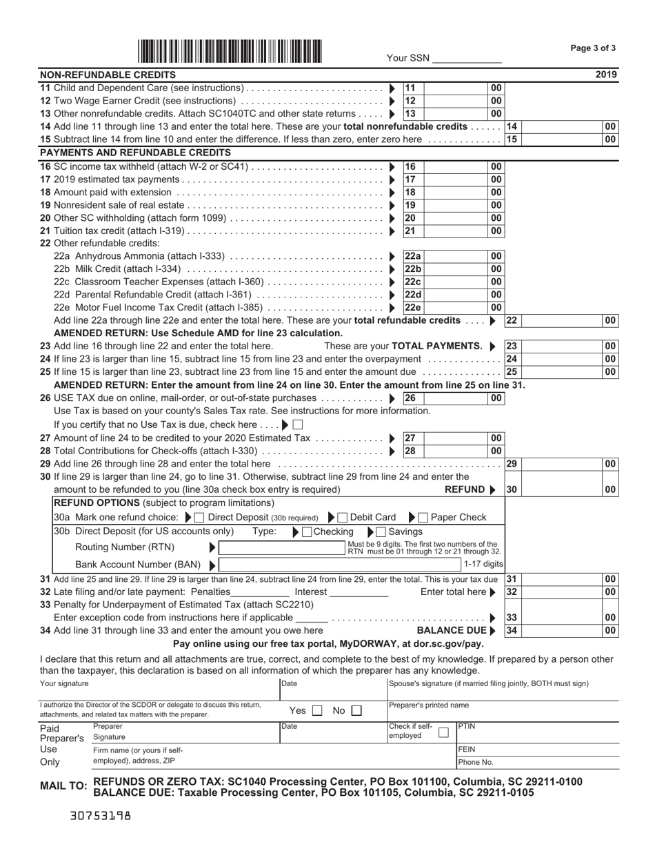 Form SC1040 Individual Income Tax Return - South Carolina, Page 3