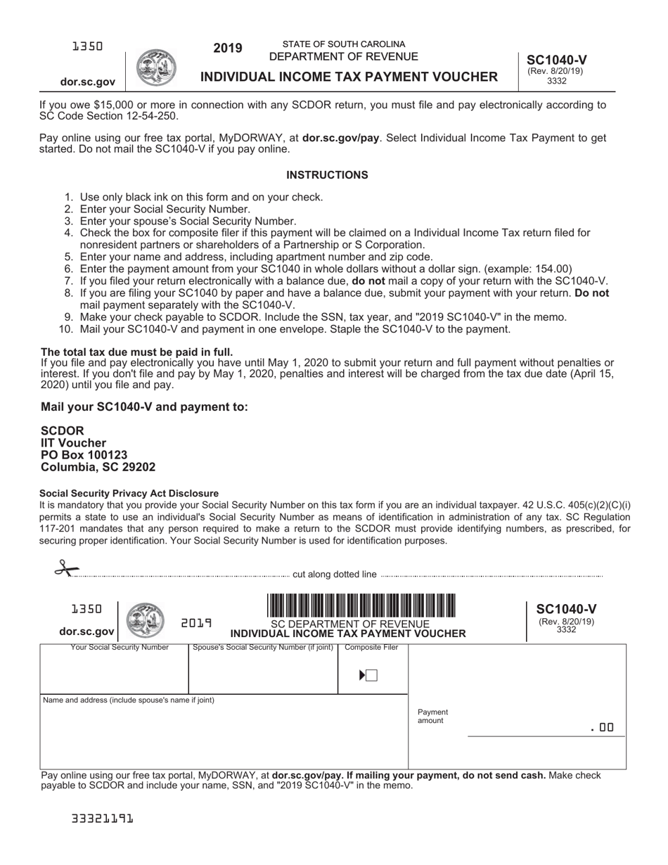 Form SC1040-V Individual Income Tax Payment Voucher - South Carolina, Page 1