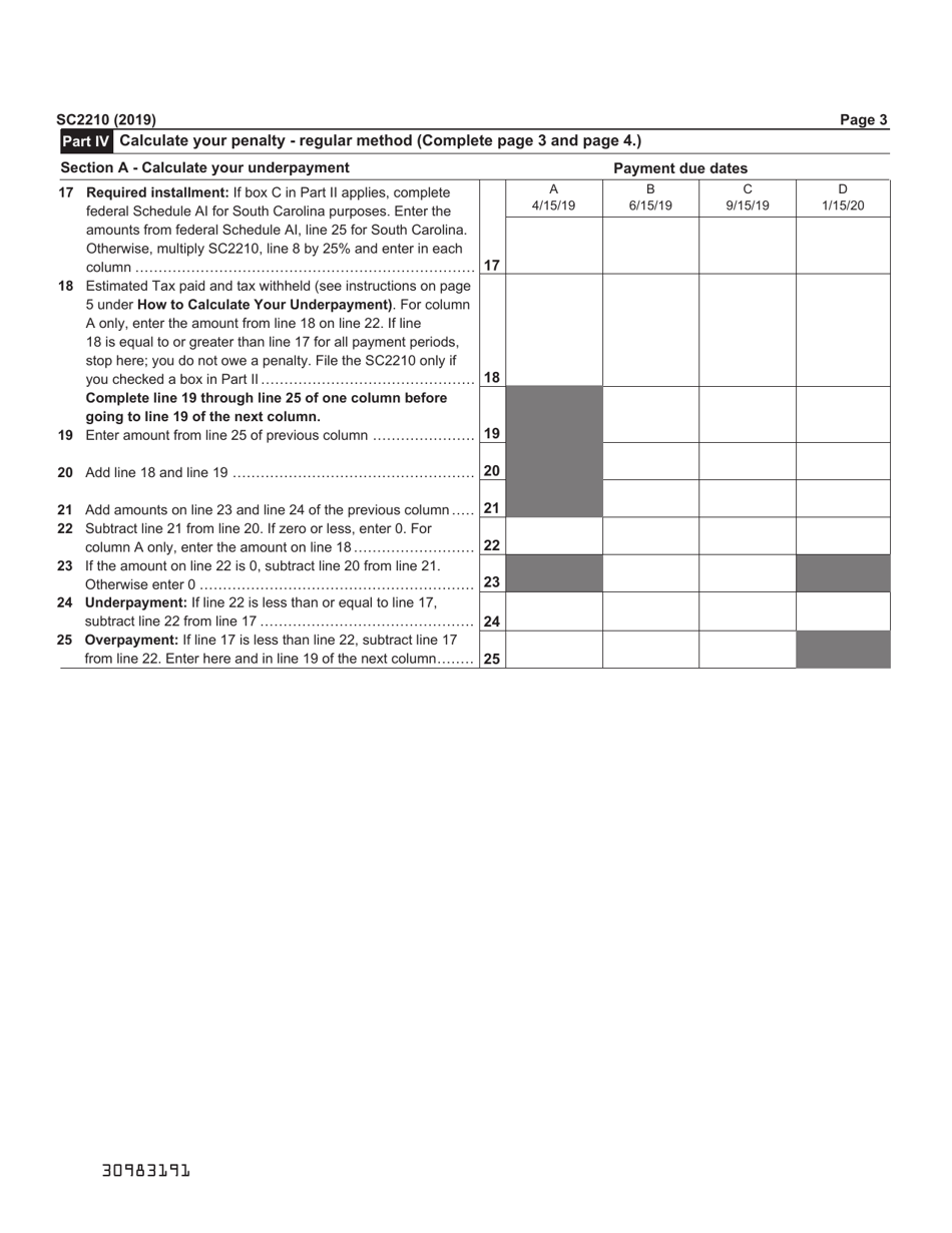 Form SC2210 Underpayment of Estimated Tax by Individuals, Estates, and Trusts - South Carolina, Page 3