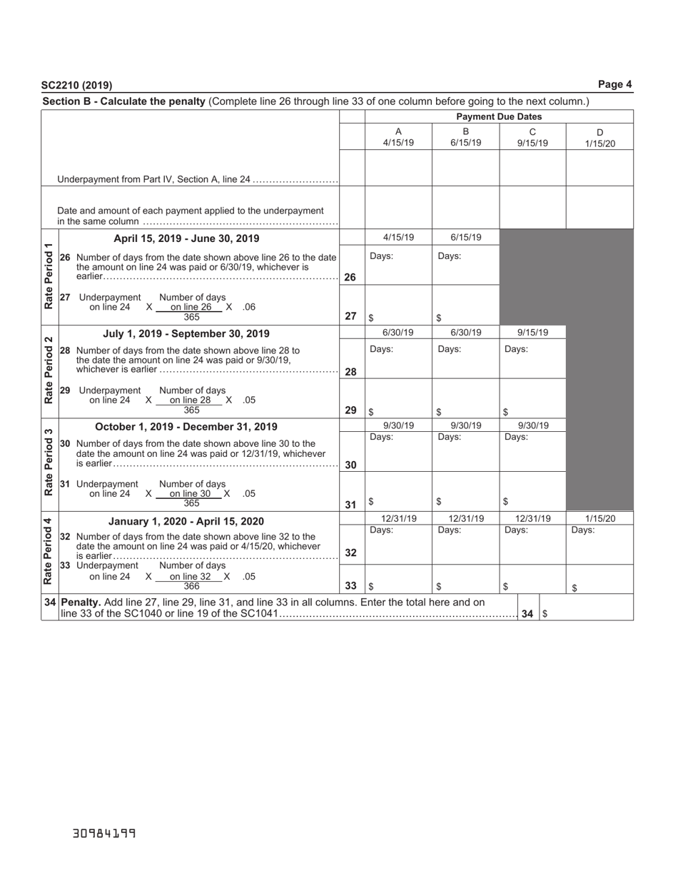 Form SC2210 Underpayment of Estimated Tax by Individuals, Estates, and Trusts - South Carolina, Page 4
