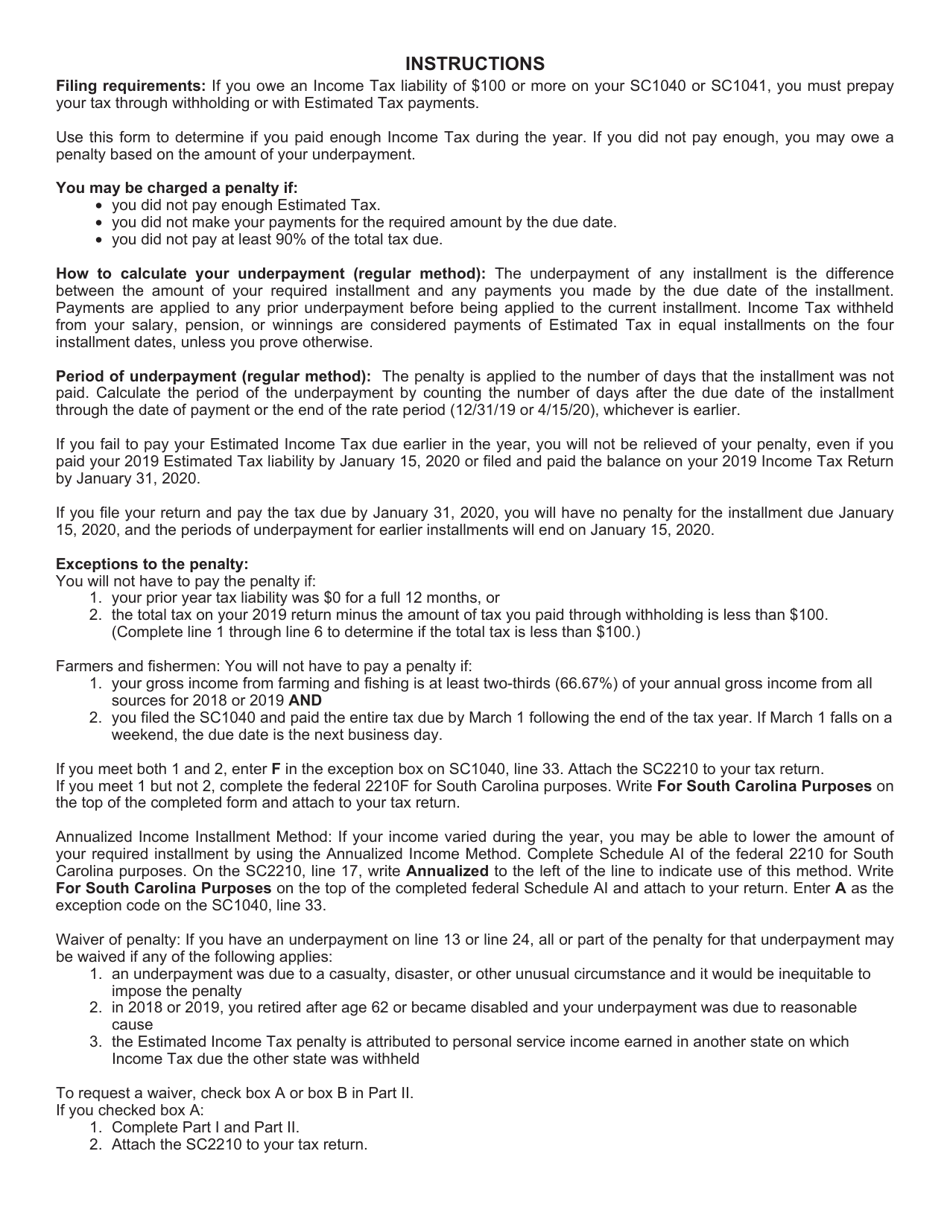 Form SC2210 Underpayment of Estimated Tax by Individuals, Estates, and Trusts - South Carolina, Page 5