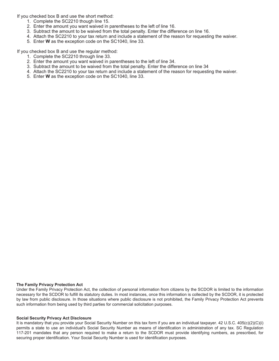 Form SC2210 Underpayment of Estimated Tax by Individuals, Estates, and Trusts - South Carolina, Page 6