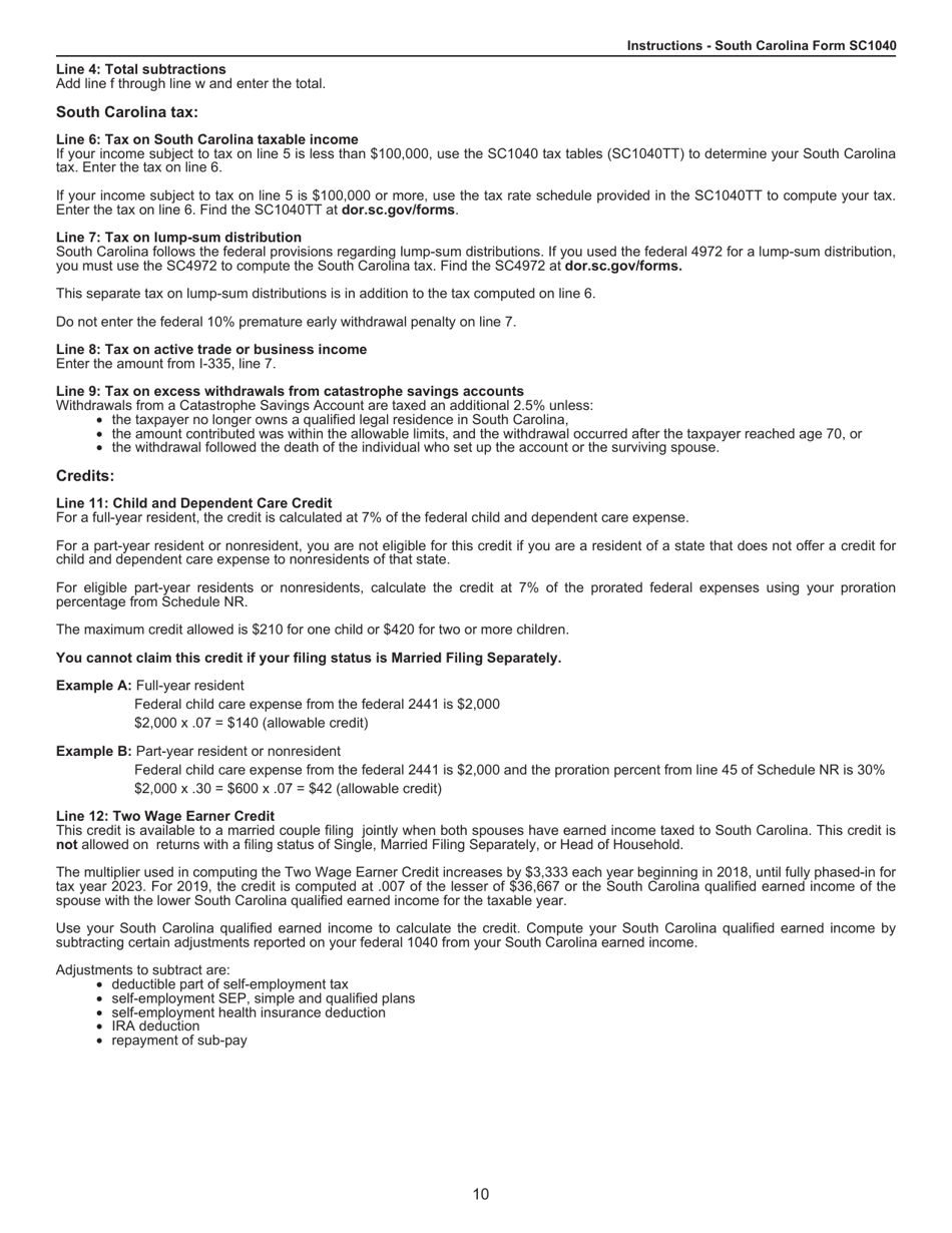 Instructions for Form SC1040 Individual Income Tax Return - South Carolina, Page 10
