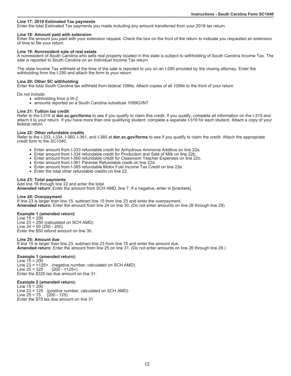 Instructions for Form SC1040 Individual Income Tax Return - South Carolina, Page 12
