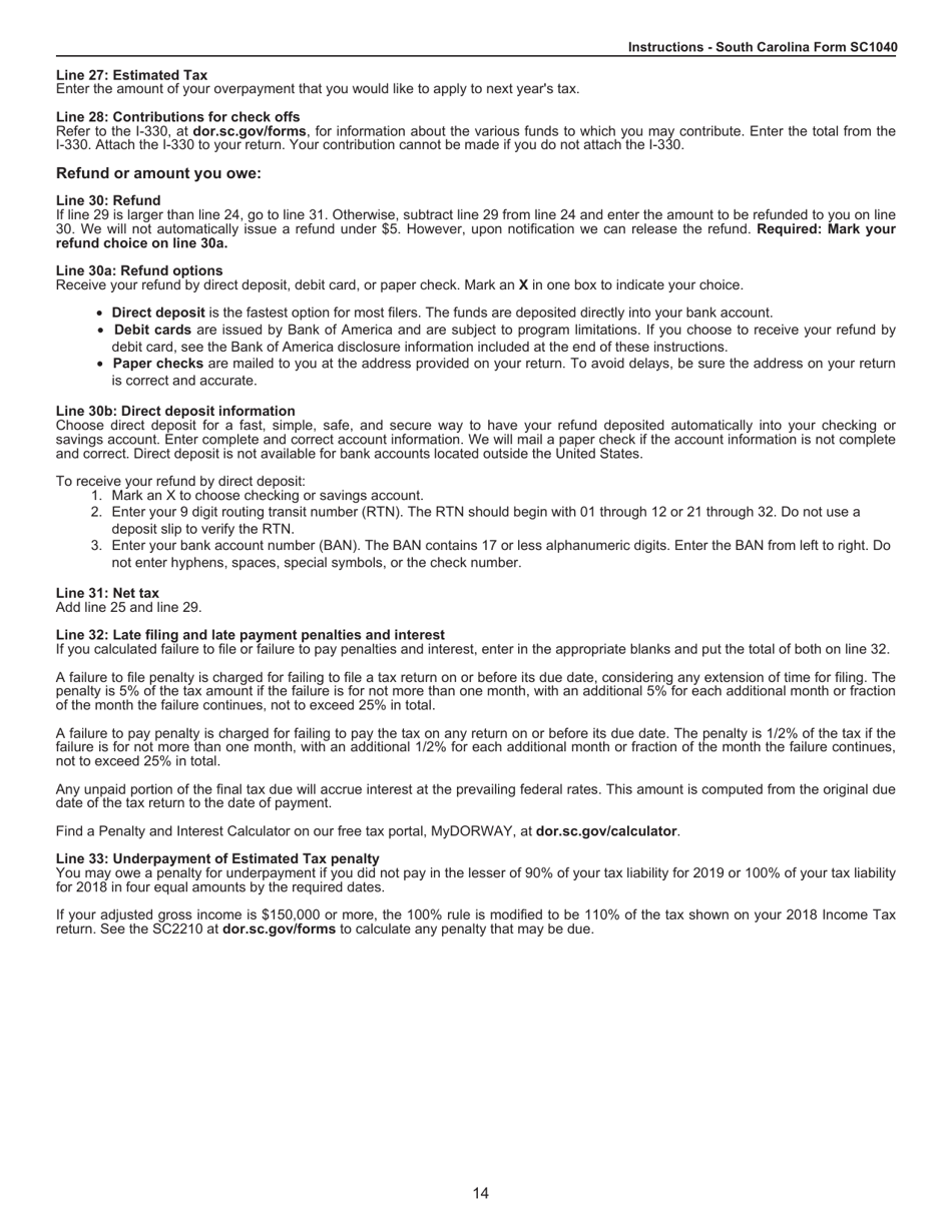 Instructions for Form SC1040 Individual Income Tax Return - South Carolina, Page 14