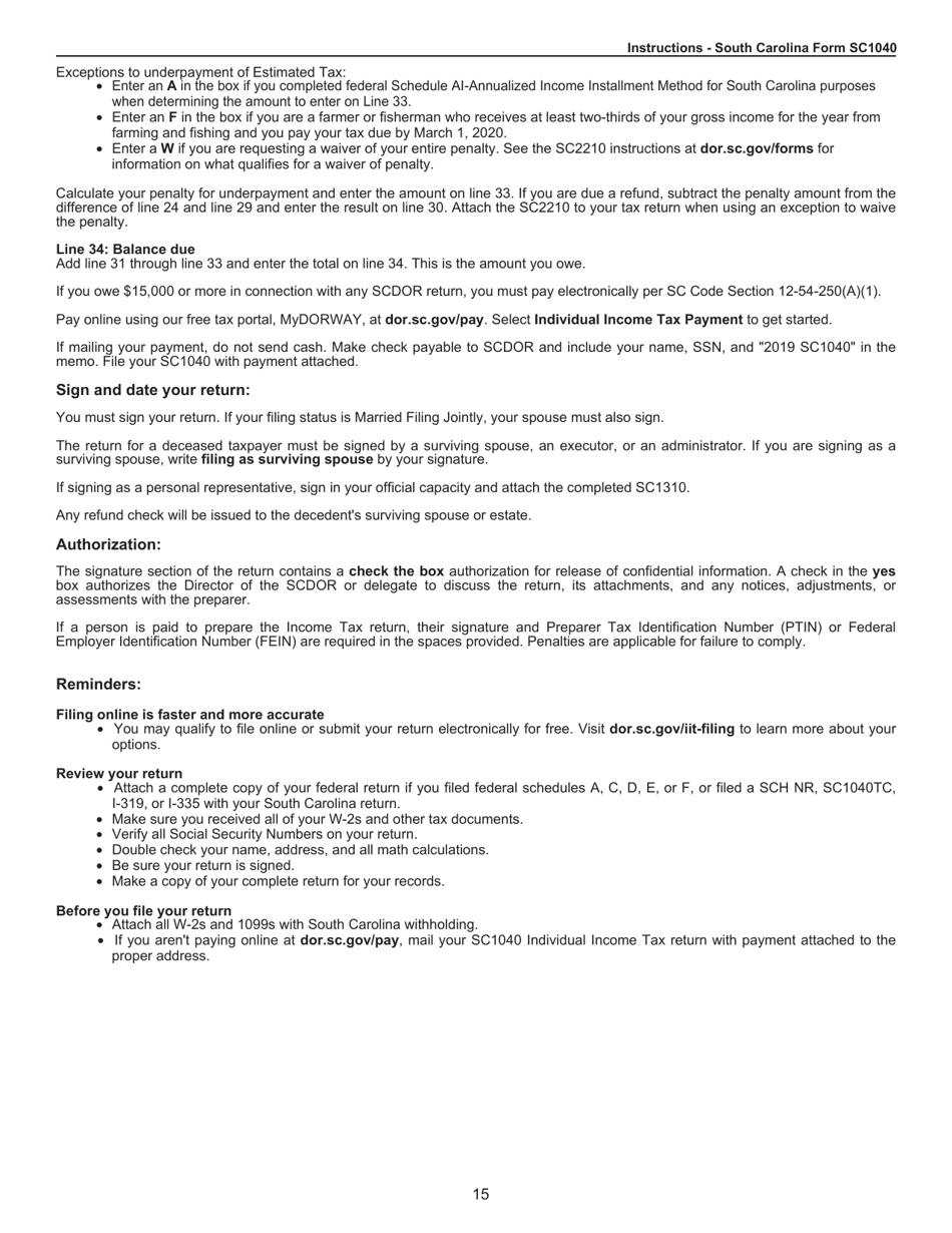 Instructions for Form SC1040 Individual Income Tax Return - South Carolina, Page 15