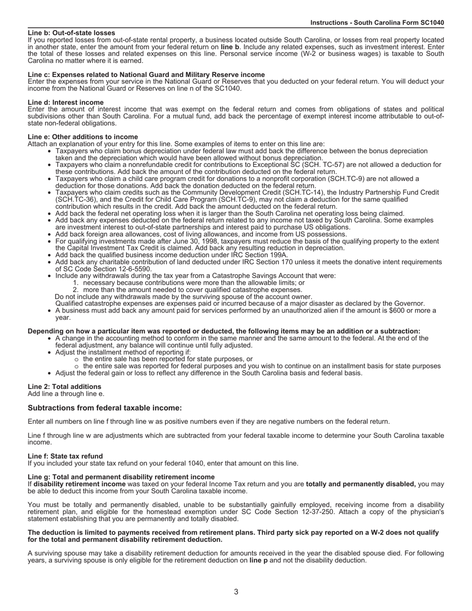 Instructions for Form SC1040 Individual Income Tax Return - South Carolina, Page 3