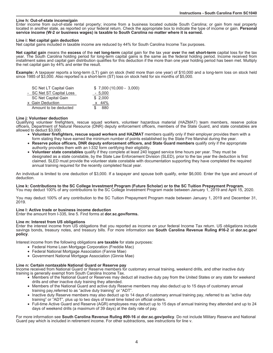 Instructions for Form SC1040 Individual Income Tax Return - South Carolina, Page 4