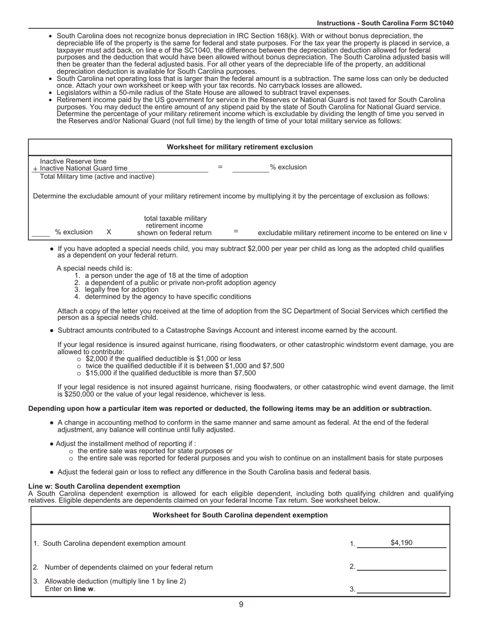 Instructions for Form SC1040 Individual Income Tax Return - South Carolina, Page 9