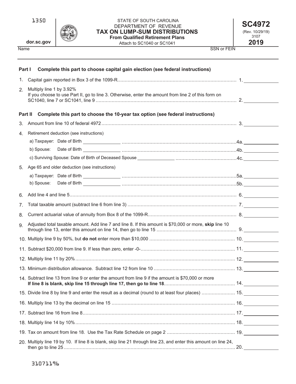 Form SC4972 Tax on Lump-Sum Distributions From Qualified Retirement Plans - South Carolina, Page 1