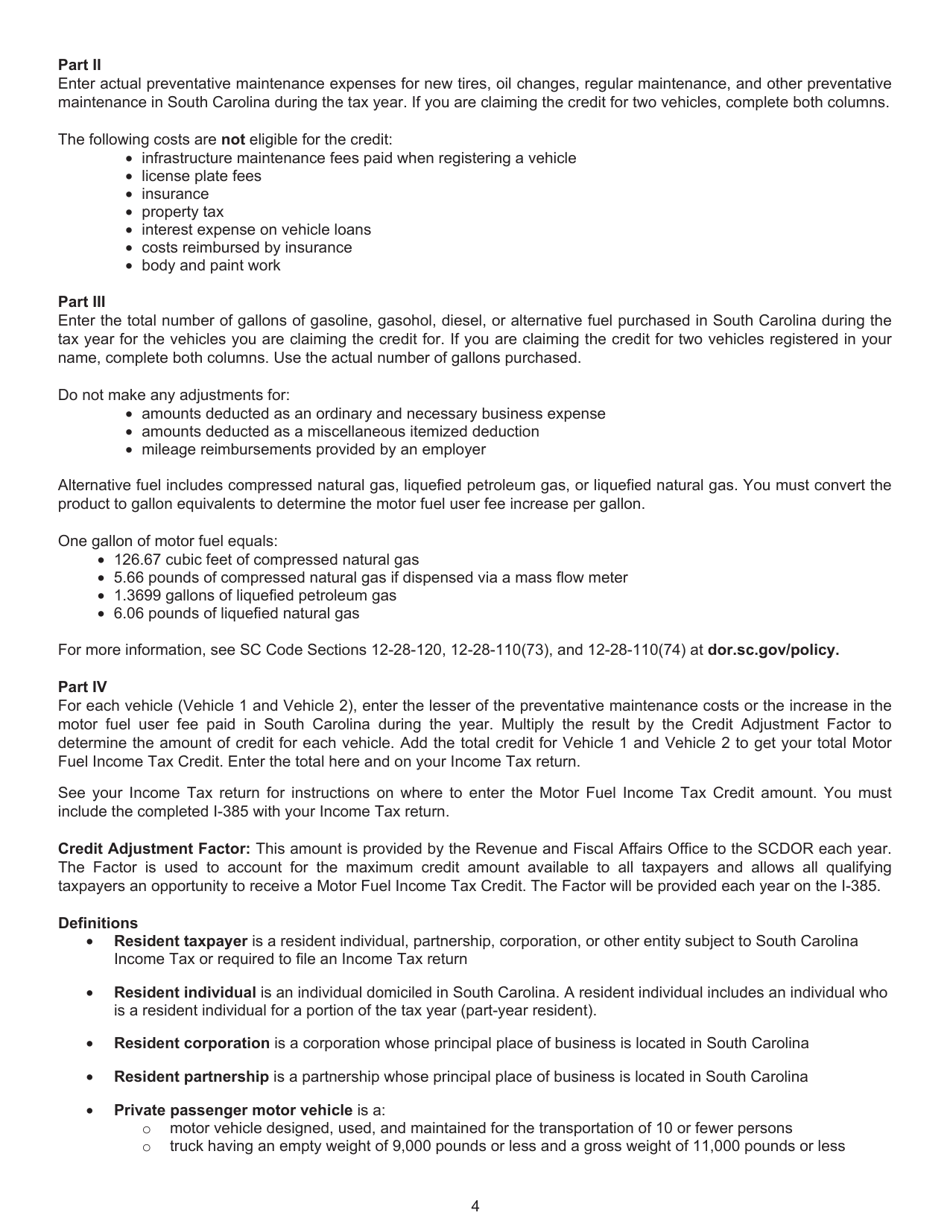 Form I-385 Motor Fuel Income Tax Credit - South Carolina, Page 4