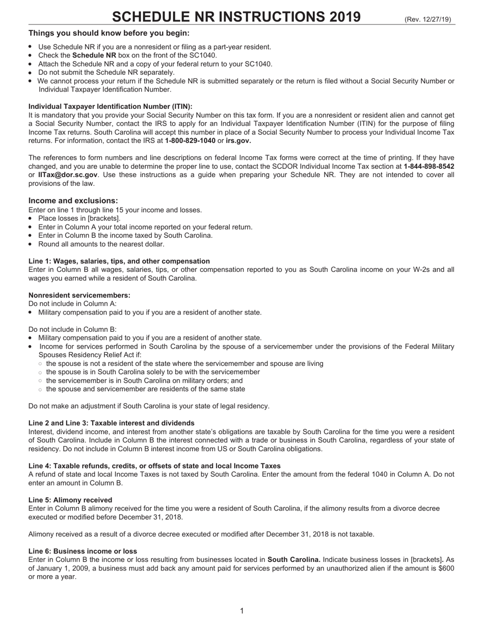 Instructions for Schedule NR Nonresident Schedule - South Carolina, Page 1